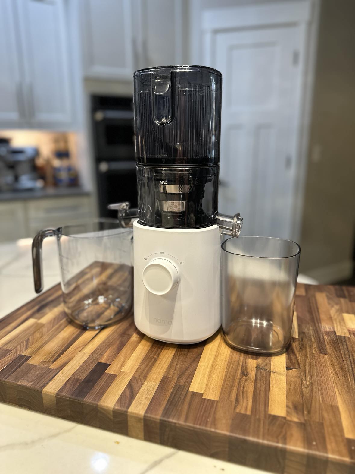 Nama J3 cold press juicer on kitchen counter
