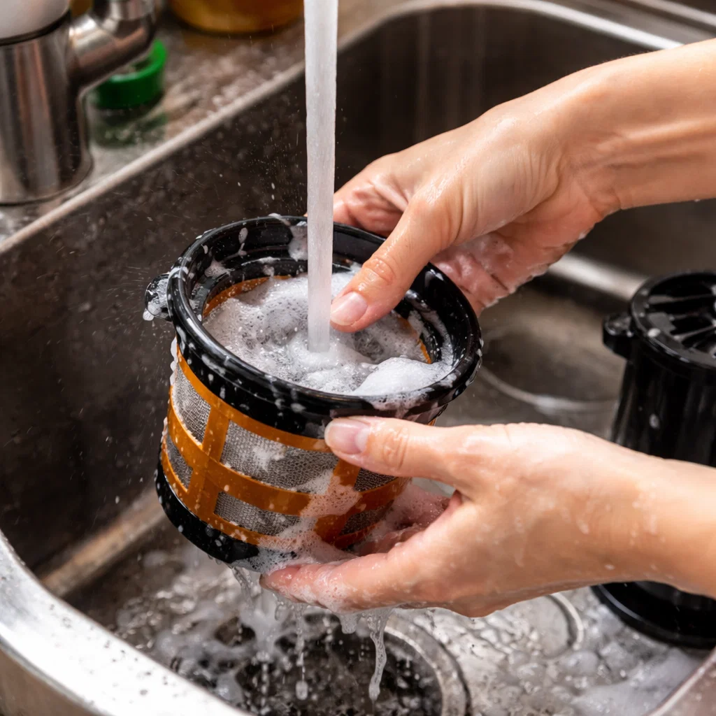 person washing juicer parts