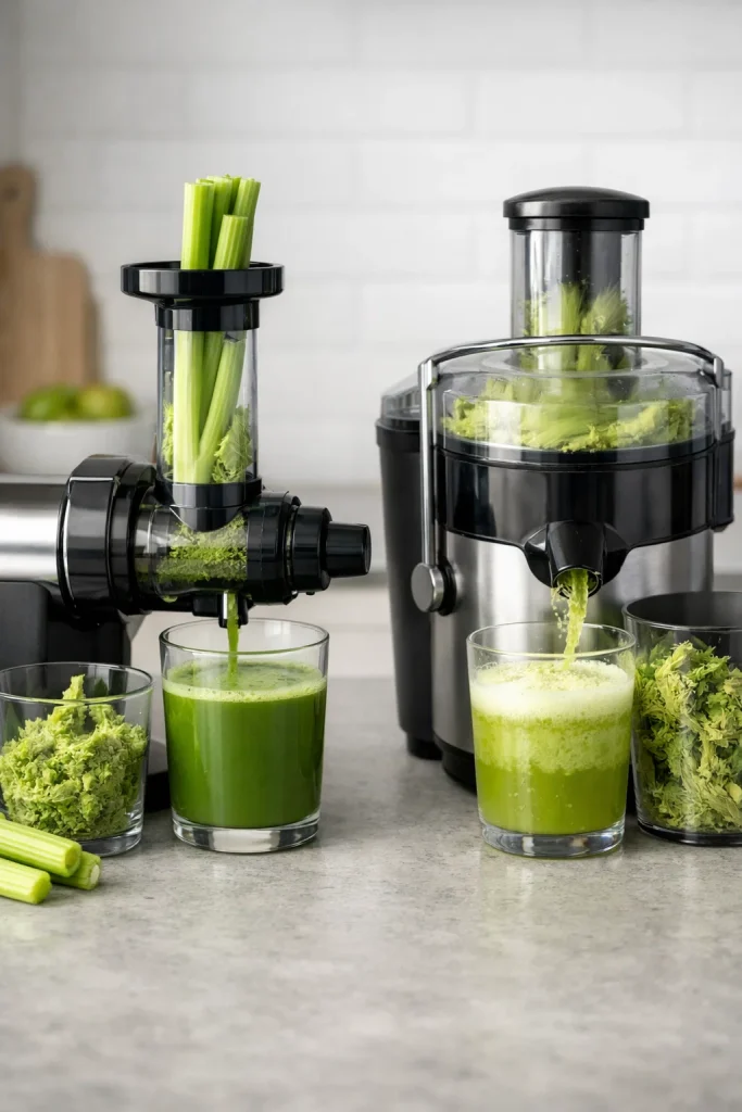 slow juicer vs high speed juicer with juicing celery