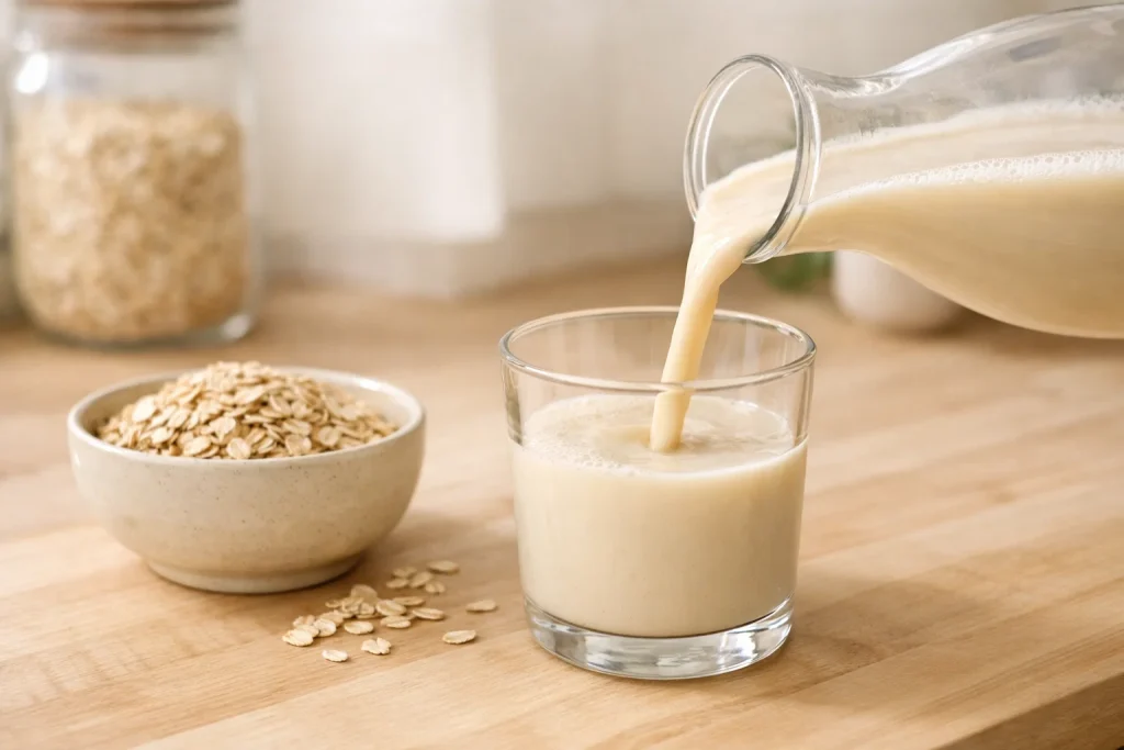 oat milk poured into cup