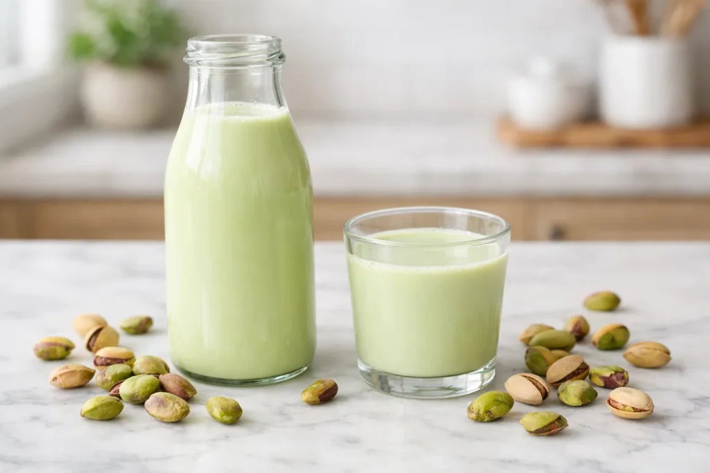 pistachio milk on kitchen counter