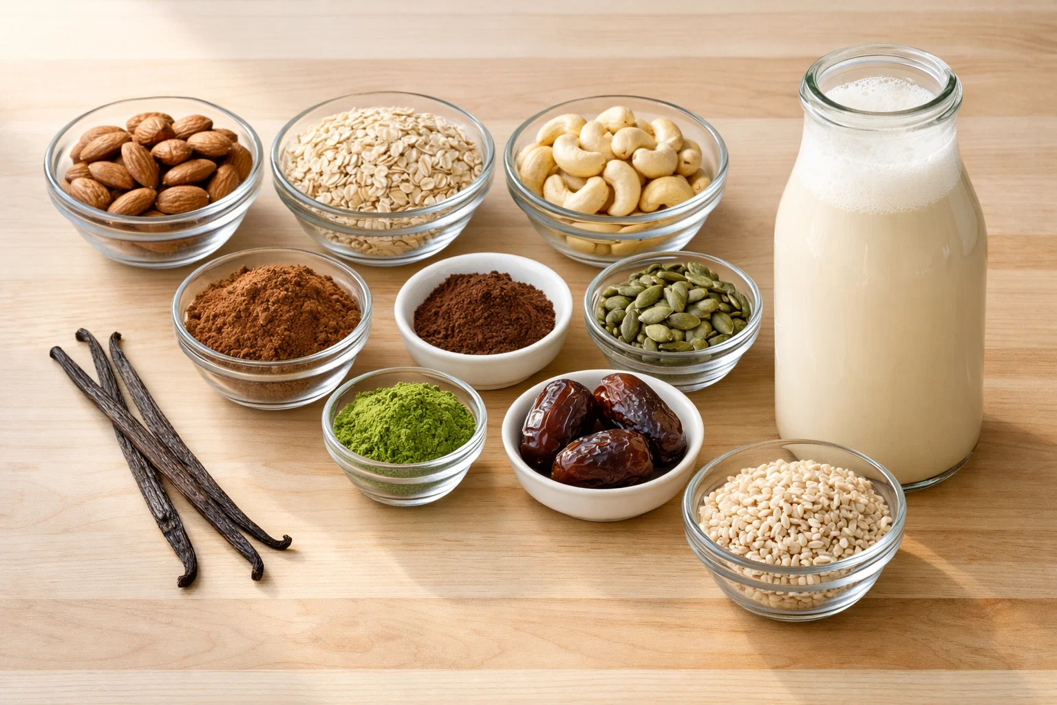 bowls of nuts and seeds for nut milks