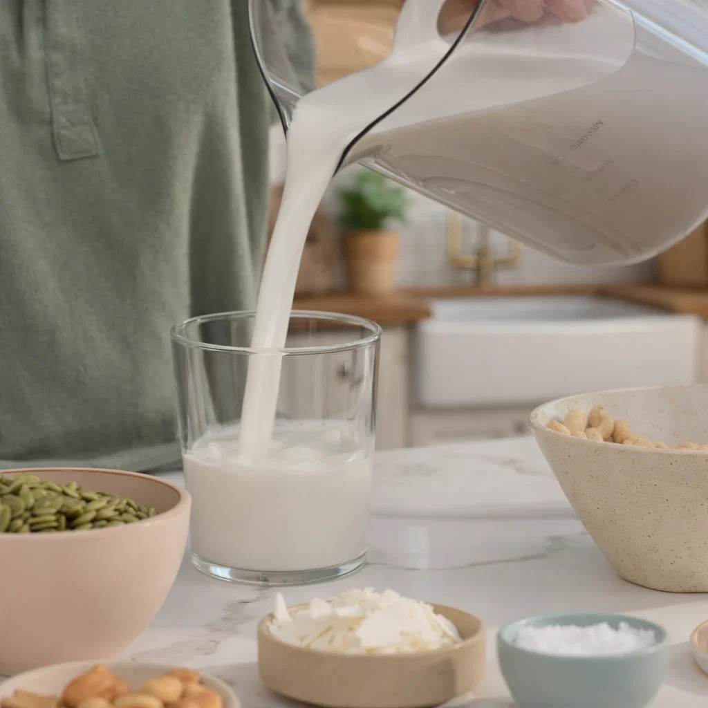 pouring nut milk into glass for later use