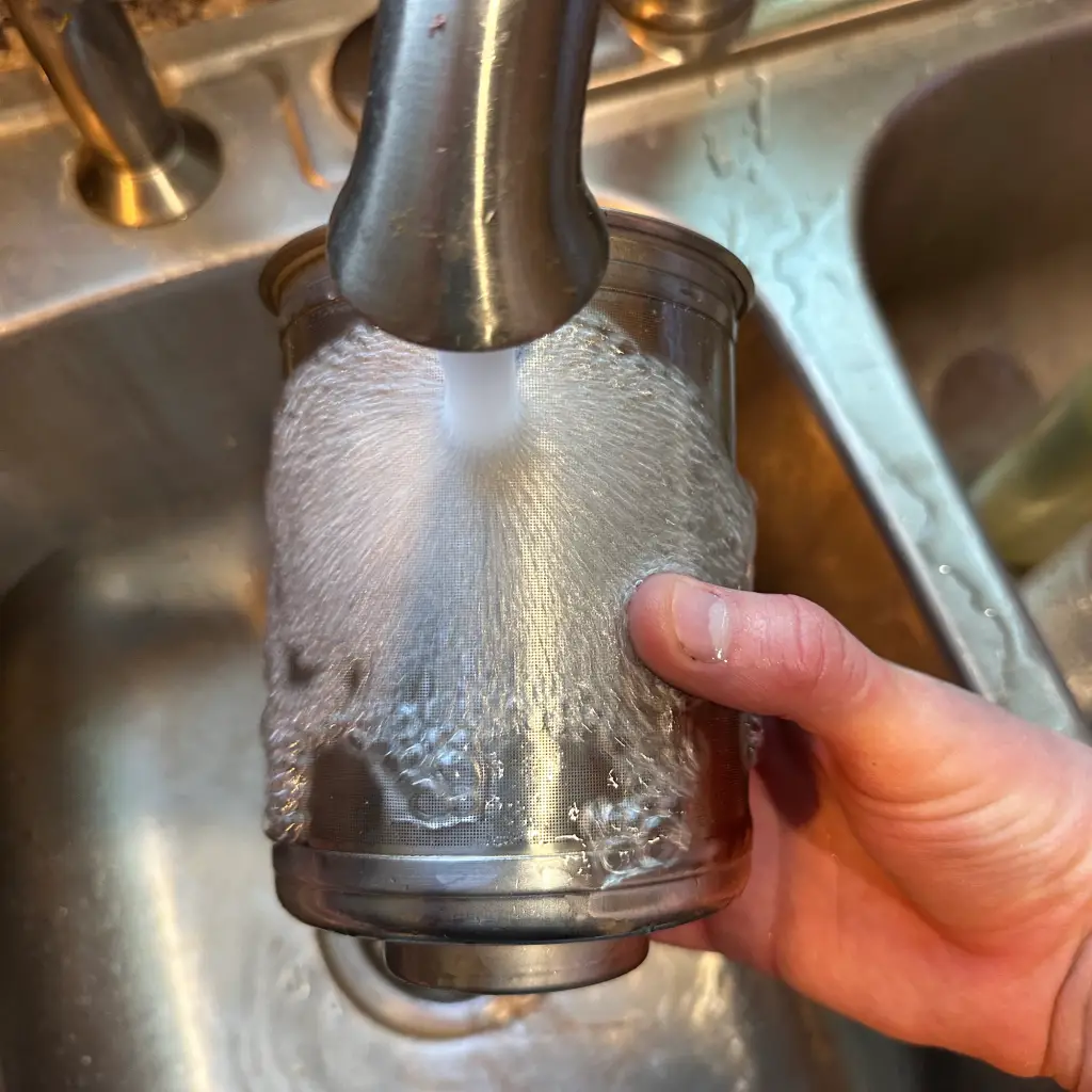 rinsing the strainer-filter under water for initial clean of m1